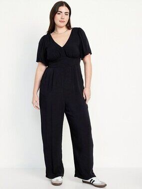 NWT Old Navy Womens Flutter Sleeve Jumpsuit XL Tall Black V-Neck Rayon Comfort